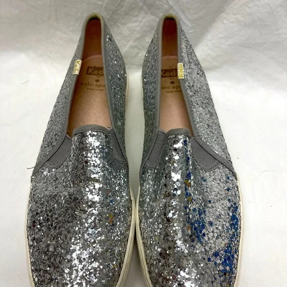 Kate Spade Keds Silver Glitter Slip on Sneakers 9 - Picture 2 of 5